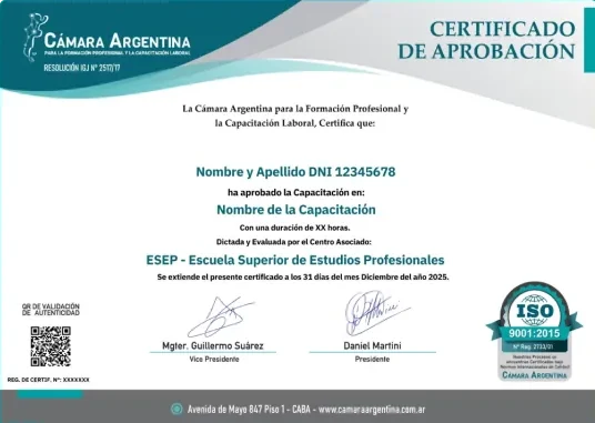 Certificado de la Cámara Argentina de Formación Profesional